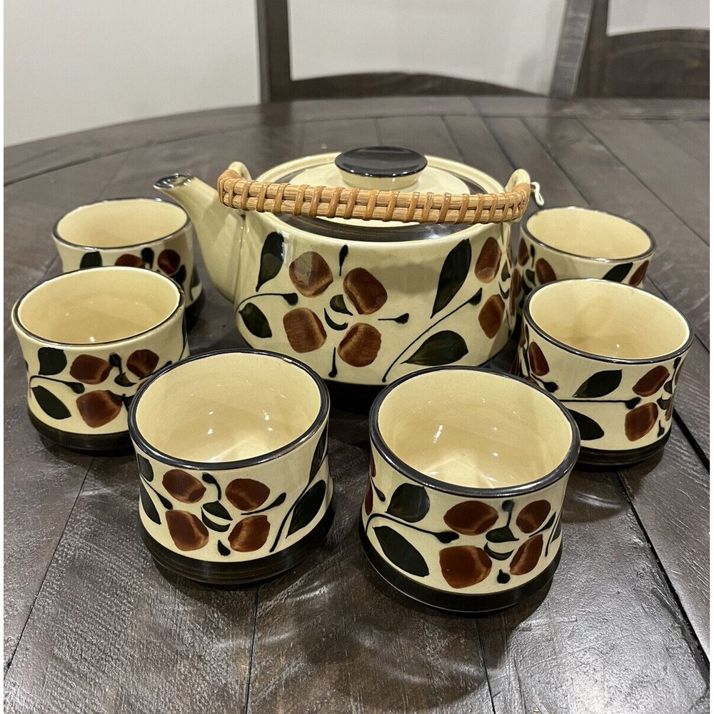 Japanese Style Teapot Bamboo Handle 6 Sake Cup Set Floral brown Stoneware